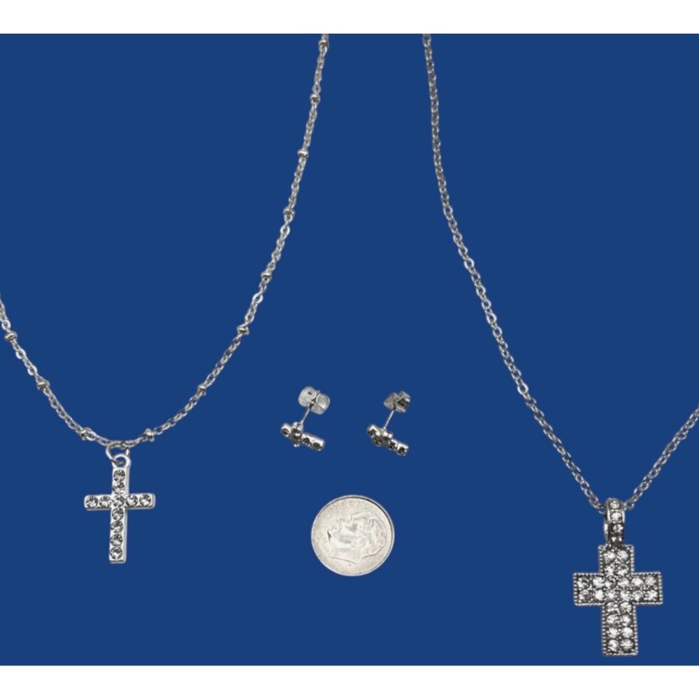 Rhinestone Cross Necklace Earrings Lot Silver Tone Christian Religious Jewelry - Picture 5 of 6